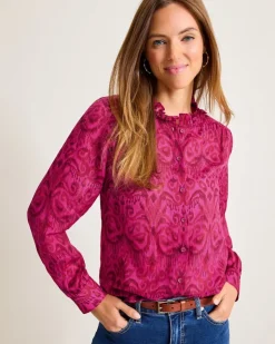 Women Tommy Bahama Tops & Shirts<Seaside Ikat Long-Sleeve Ruffle-Neck Top